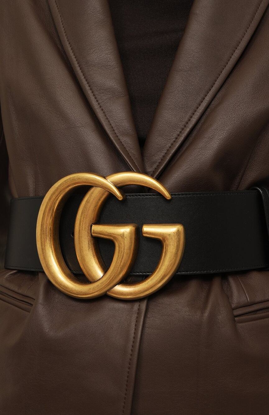 Gucci Black Leather GG Marmont Extra Wide Belt Size 85/30